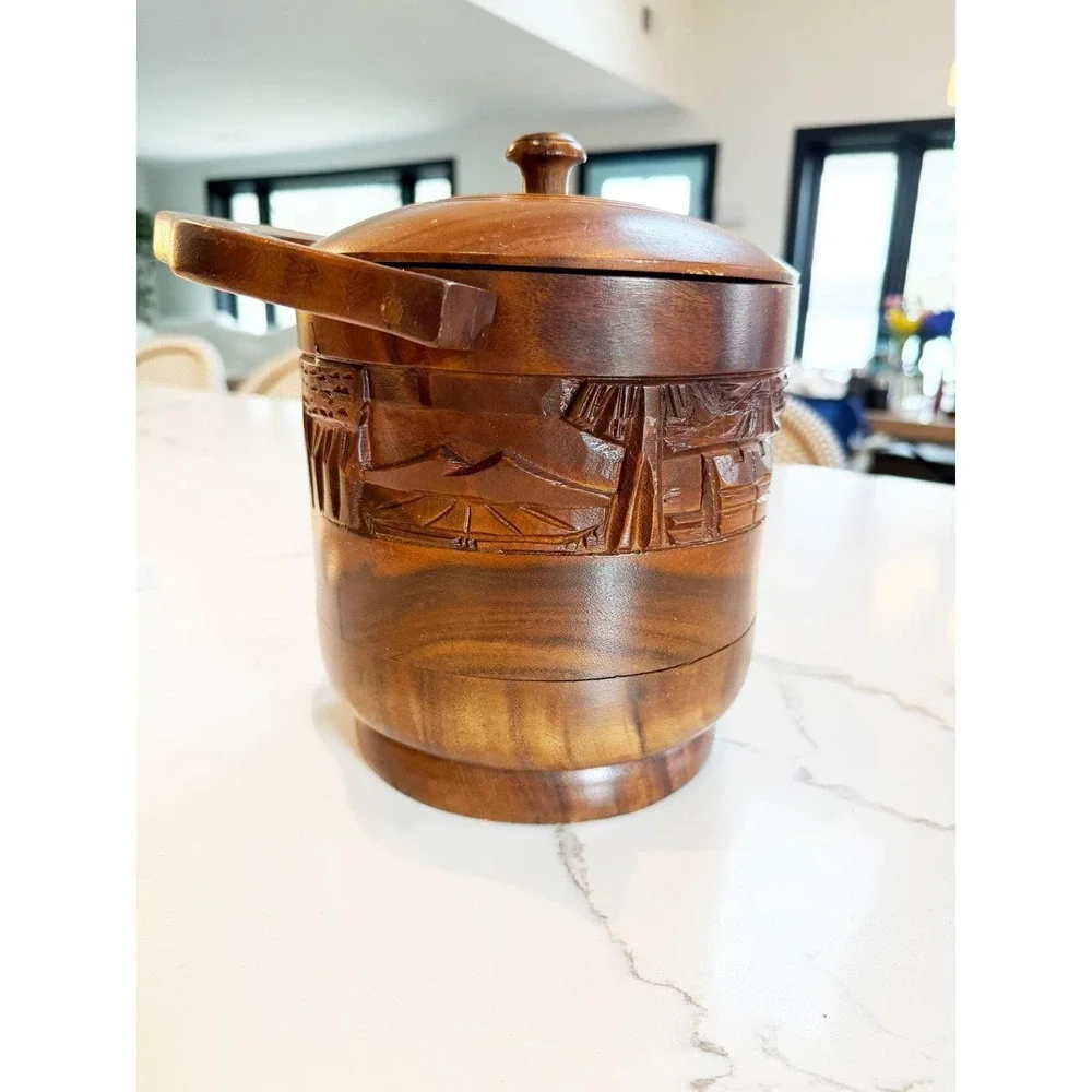 Hand Carved Wooden Tiki Bar Ice Bucket, Mid Century Barware, Polynesian Decor
